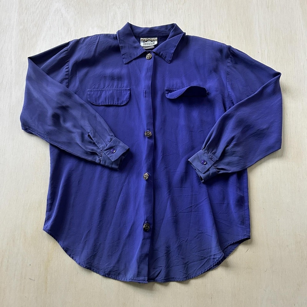 Vintage Trimmings Button Up Shirt Womens Medium Blue Long Sleeve Collared Top